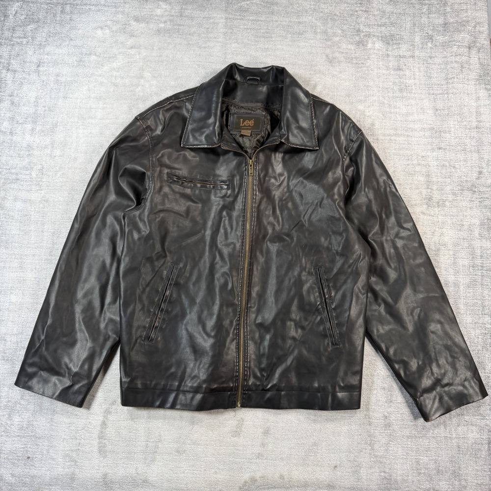 Lee Jacket Mens Large Brown Faux Leather Quilted Lined Full Zip Moto Bomber